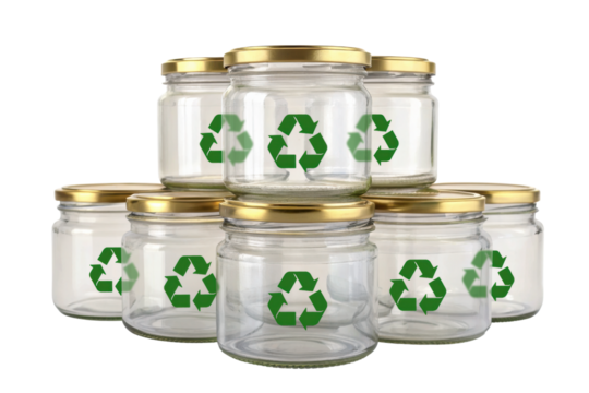 Hopeful group of glass jars with green recycle symbol on transparent background
