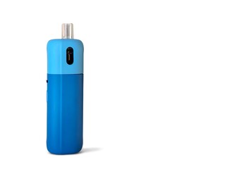 Photo of a blue vaping device, electronic cigarette, with rechargeable battery, ideal for smooth and convenient vaping anywhere, isolated on white background.