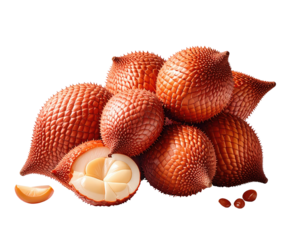 Close-up of several Salak fruit, some halved, displayed in a cluster