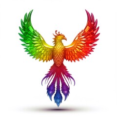 Rainbow Phoenix Bird with Colorful Feathers on White Background