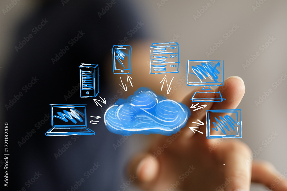 Poster hand pointing at cloud computing network. data storage, technology, digital, connection, server.