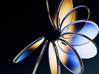 Abstract black 3d background with neon glass circle disc, radiant blue yellow gradient. Crystal round disks, holographic transparent lens, circular motion effect. Digital tech banner. 3D illustration