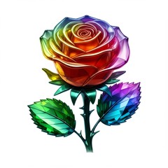 Rainbow Rose with Green Leaves on White Background