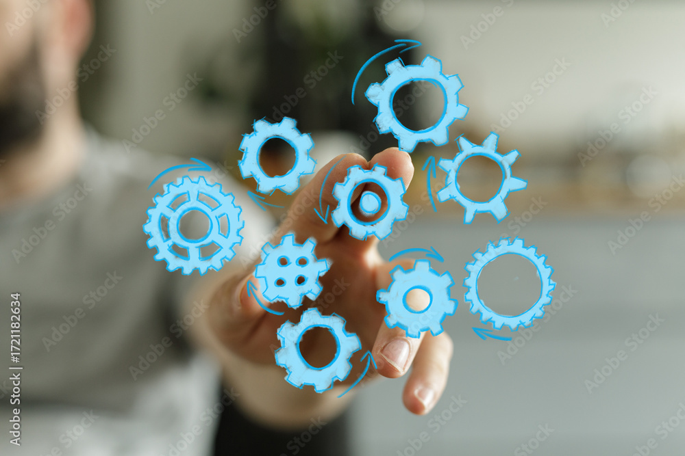 Poster abstract image of hand and gears. perfect for teamwork, process, and technology concepts.
