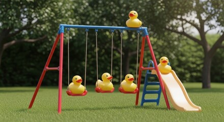 Whimsical playground scene featuring rubber ducks enjoying a colorful playset