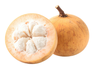 Two halves of a light orange-tan fruit, one whole and one cut in half, revealing a creamy white interior