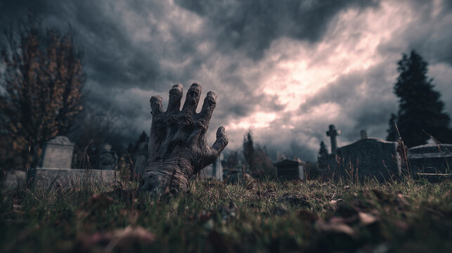 Zombie-Hand erhebt sich aus dem Grab auf einem d&uuml;steren Friedhof
