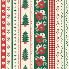 Hand-drawn vintage Christmas plaid , floral and festive stripe seamless pattern. Cottagecore holiday aesthetic design for fabric, wallpaper, home decor, and seasonal textiles.