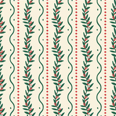 Holly leaves and berry vertical stripe seamless pattern for cozy Christmas holiday projects. Use for digital scrapbooking, wrapping paper, invitations, or fabric design.