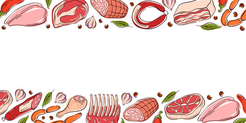 Border frame in flat style with various meats on a white background. Include steak, sausage, ribs and vegetable. Perfect for culinary book, packaging or restaurant branding.