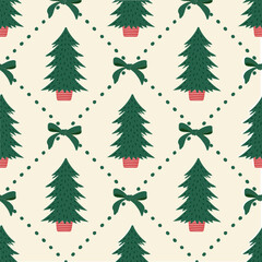 Holiday seamless pattern with christmas tree, bows in diamond checkered background in green, red and beige.  Modern coquette holiday pattern for fabric, wallpaper and stationery designs