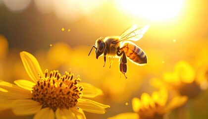 Honeybee in Flight Above Yellow Flowers at Sunset