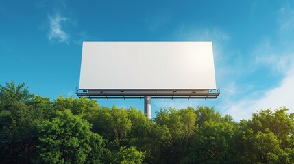 An empty outdoor advertising billboard is displayed against a bright blue sky