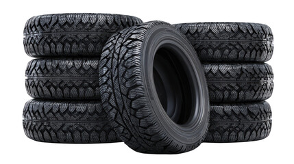 Stacked tires automotive equipment on transparent png background