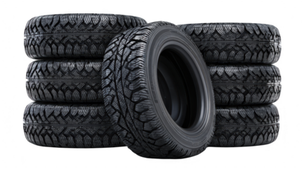Stacked tires automotive equipment on transparent png background