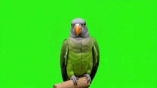 Cute green parrot perched attentively, ready for adventure in your project - vibrant chroma key background offers creative possibilities