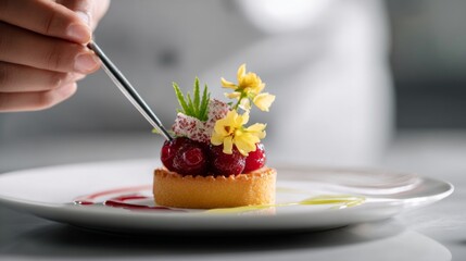 Close up of chef decorating a raspberry tart with edible flowers and sauce