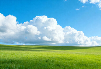 Obraz premium Lush green grass under a blue sky with white clouds.