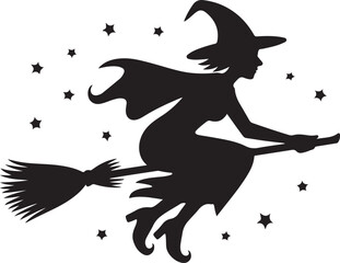 Fototapeta premium Halloween witch flying silhouette with stars vector
