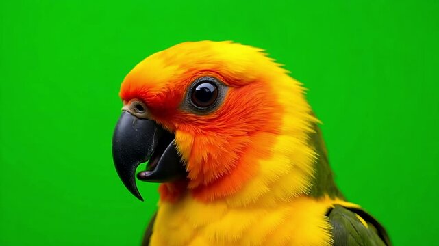 Vibrant sun conure portrait video with vivid plumage against a lush green backdrop, perfect for nature documentaries and educational content