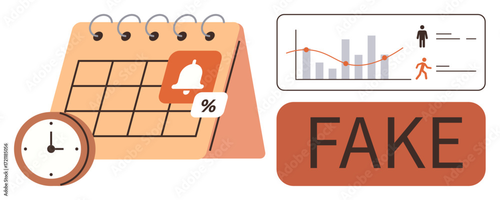 Poster calendar with reminder bell and percentage icon, clock showing time management, chart with analytics