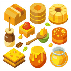 Set of vector illustrations of honey in honeycombs, in a jar, dripping from honey dipper
