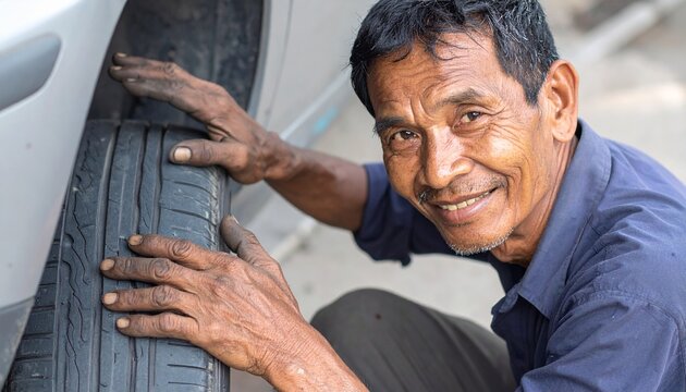 Smiling mechanic holding a car tire, close-up of his hands and face, suggesting experience and automotive expertise, wearing a blue shirt, daytime shot. - Powered by Adobe