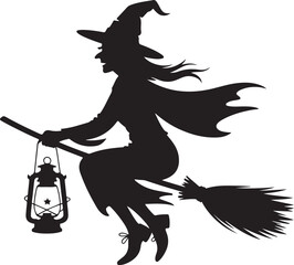 Halloween witch with lantern silhouette flying vector