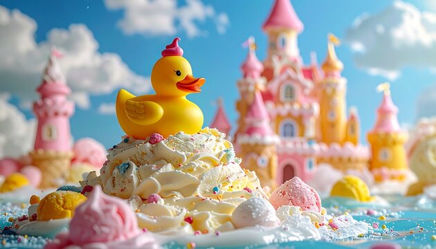 Yellow rubber duck with a pink hat perched on a swirl of ice cream with a pink castle background on a sunny day.
