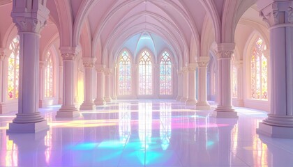 Pastel-hued, ornate hall with stained-glass windows