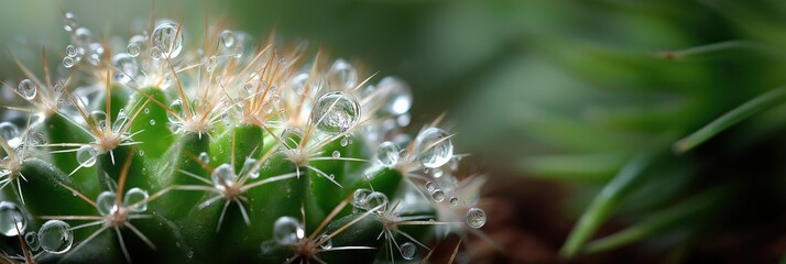 Close-up of cactus spines with water droplets in a lush green setting