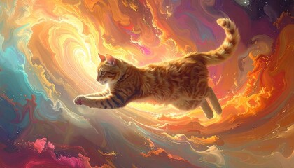 Orange Tabby Cat Soaring Through a Cosmic Nebula
