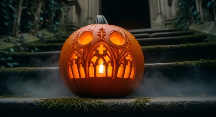 Gothic carved pumpkin with haunting face and glowing light. Spooky Halloween decoration on stone stairs with misty foreground. Dark academy style.