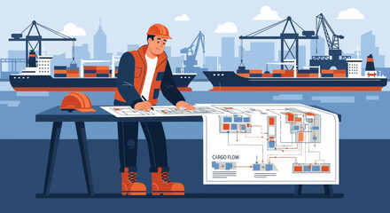 Harbor operations blueprint review by a maritime logistics engineer on cargo flow