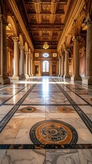 Obraz premium Grand hall, sunlit marble floor, ornate ceiling