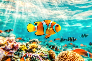 Naklejka premium Vibrant underwater scene featuring clownfish coral reef marine life tropical ocean close-up nature's beauty
