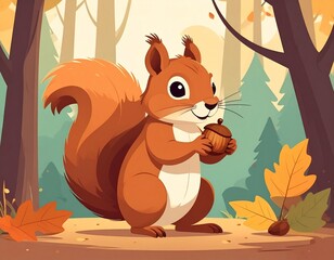 A cheerful cartoon squirrel holding an acorn, set in a colorful autumn forest scene.