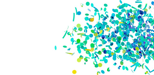 High-quality image of teal, blue, and yellow confetti falling on white background. Perfect for party invitations, celebrations, and festive des