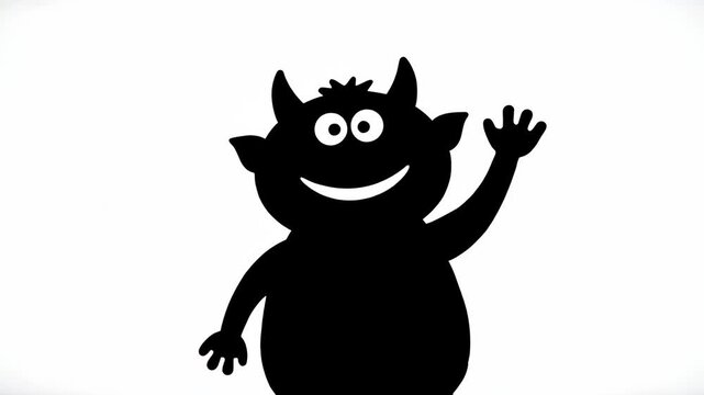 Black Silhouette of Cute Cartoon Devil Waves Hello on a White Background, Perfect for Halloween or Children's Animation