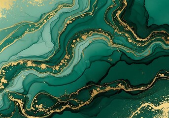 Emerald and Gold Fluid Art Abstract Background with Swirling Patterns