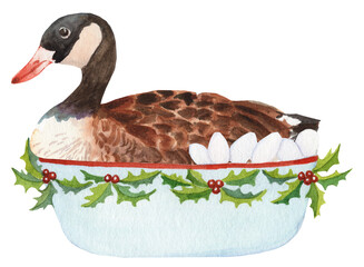 Watercolor illustration of geese a-laying, inspired by The Twelfth Day of Christmas. Festive holiday artwork perfect for seasonal cards and decorations. © Svitlana