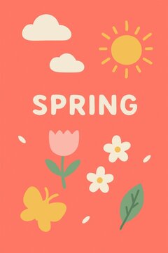 Spring illustration with sun flowers butterfly and colorful nature elements