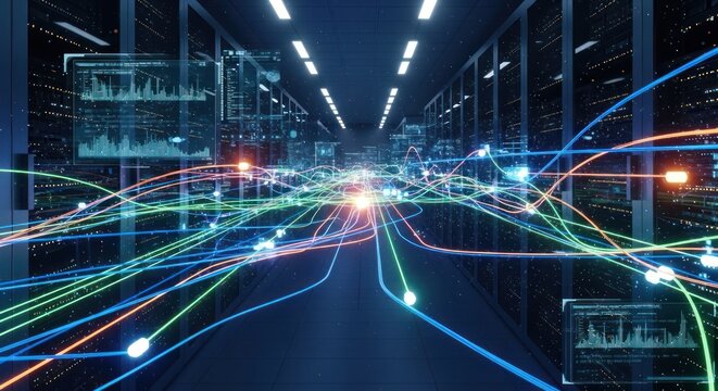 Data streams in a server room with racks of computers, networking