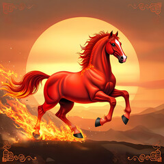 A bright mythological image in red and fiery shades, symbolizing the element of Fire and good luck - a symbol of 2026 according to the Eastern (Chinese) calendar