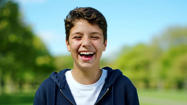 Boy Celebrates in Park on Sunny Afternoon, Points Upward With Both Hands, Showing Excitement and Joy