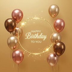 Elegant Happy Birthday wishes with stylish balloons and sparkling circle, perfect for celebrations