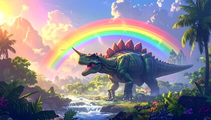 A colorful dinosaur stands by a cascading stream under a rainbow