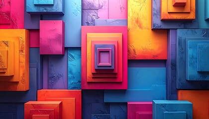 Abstract geometric shapes in vibrant colors.  A colorful mosaic of layered, textured squares