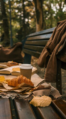 Autumn picnic scene with coffee, croissant, and a book on a park bench.