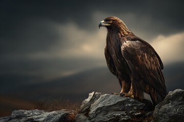 Fototapeta premium A majestic golden eagle stands tall on a rocky outcrop under dramatic clouds, its feathers catching the fading evening light. 